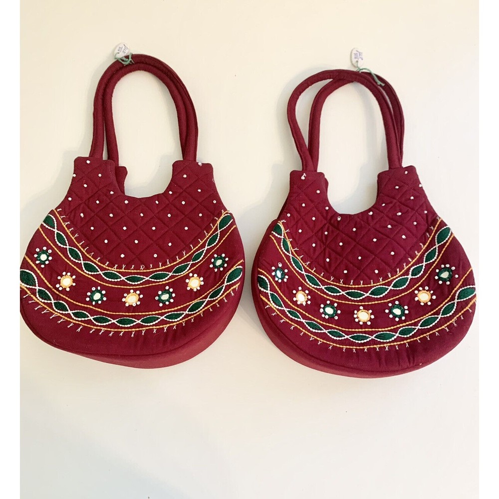 2 Small New Indian Traditional Red Handbag with Bead, Mirror, Embroidery